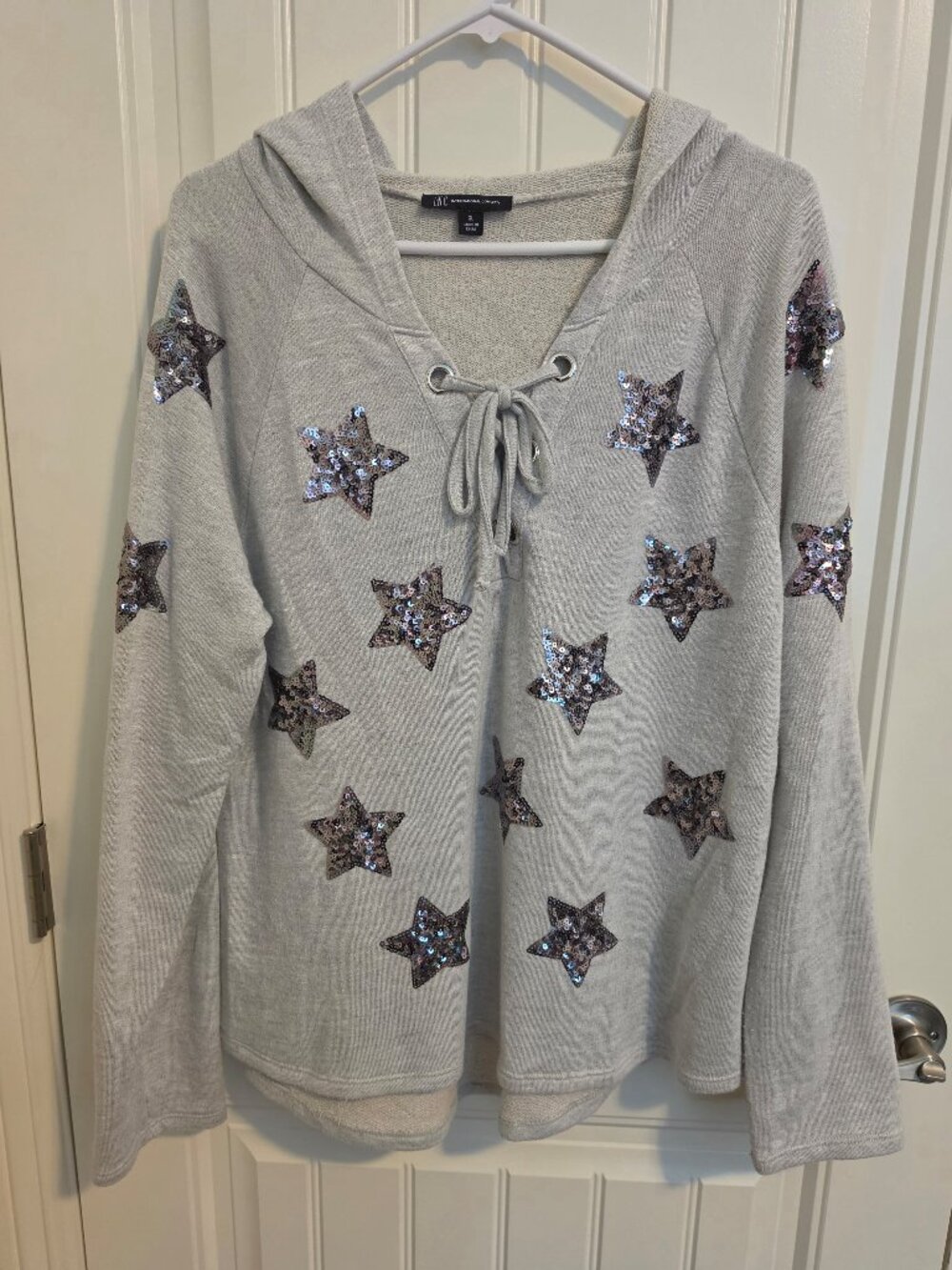 INC International Concepts Sequin Star Hoodie, XL, high-low